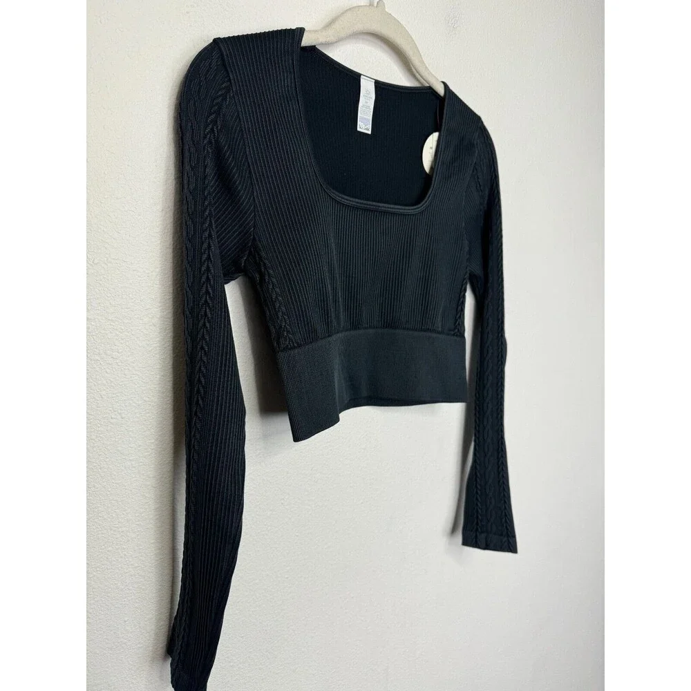OFFLINE Aerie Seamless Cable Acid Wash Top Sz S Black Cropped Long Sleeve New